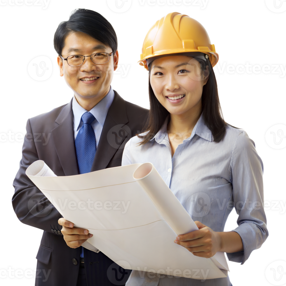 Professional Engineer and Architect Examining Plans Together During Working Hours on Transparent Background png