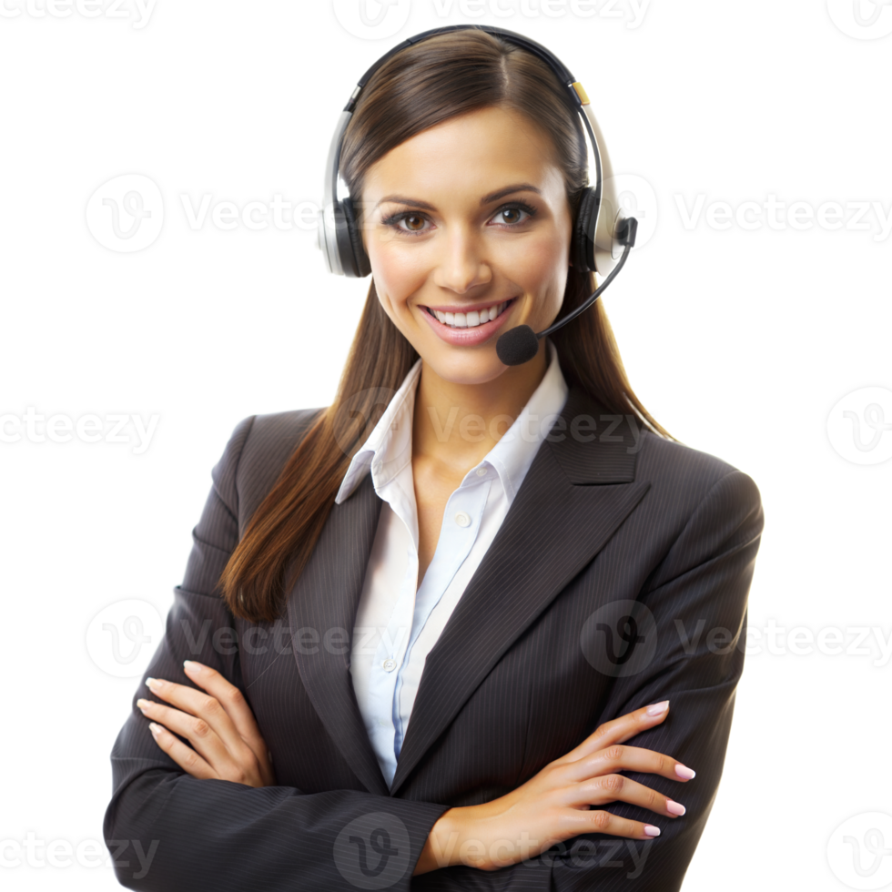 souriant femelle client un service représentant avec casque et transparent Contexte png