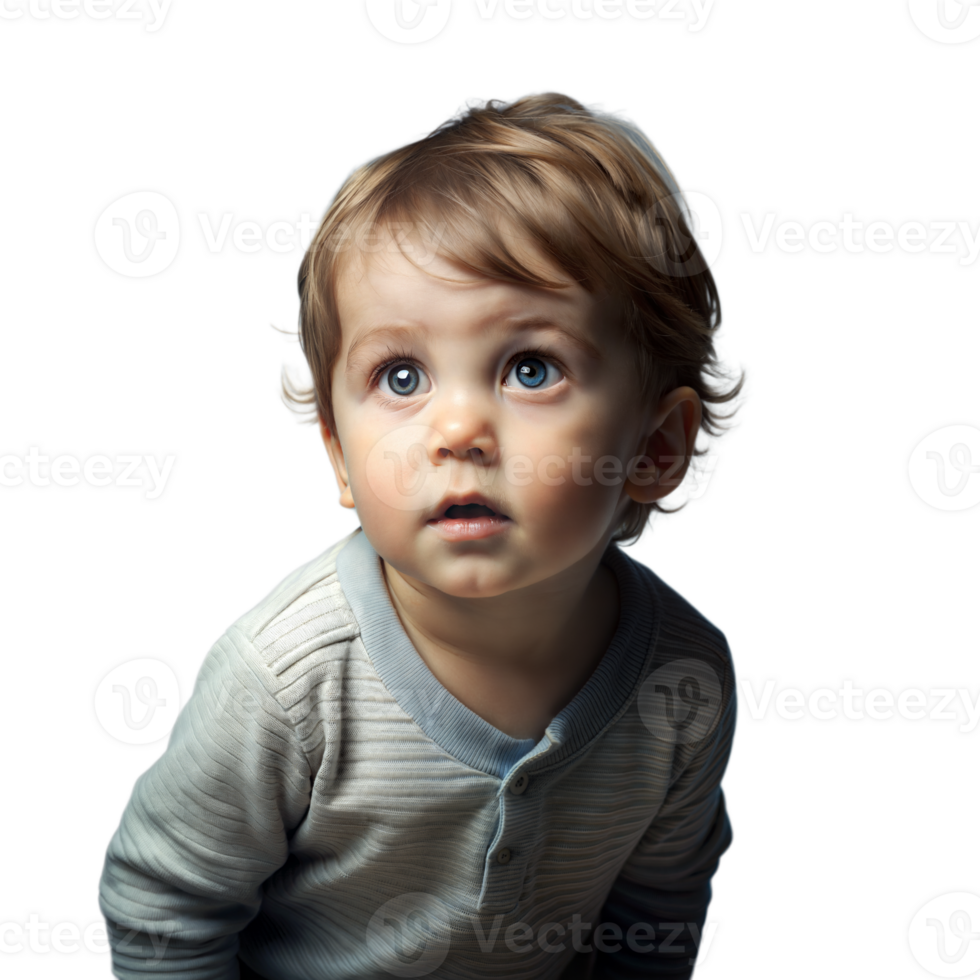 Curious Toddler With Bright Blue Eyes Looking Upward On Transparent Background png