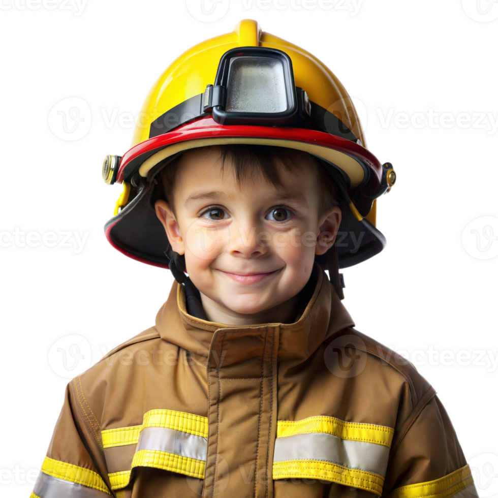 Young Boy Dressed in Firefighter Outfit with Helmet and Jacket on Transparent Background png