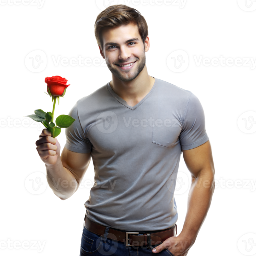 souriant Jeune homme en portant une Célibataire rouge Rose avec une transparent Contexte png