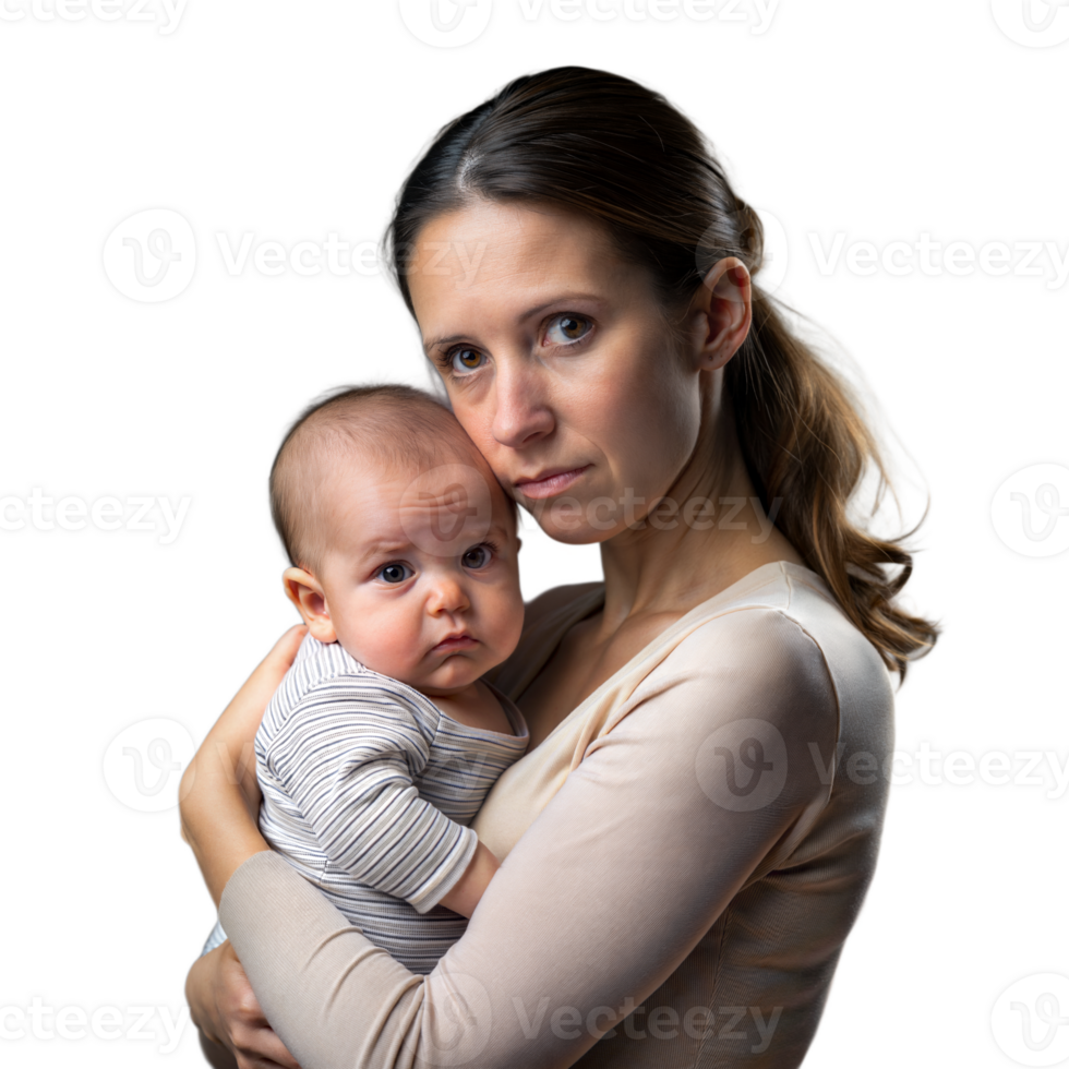 Young Mother Holding Her Infant Child With Protective Gaze, Transparent Background png