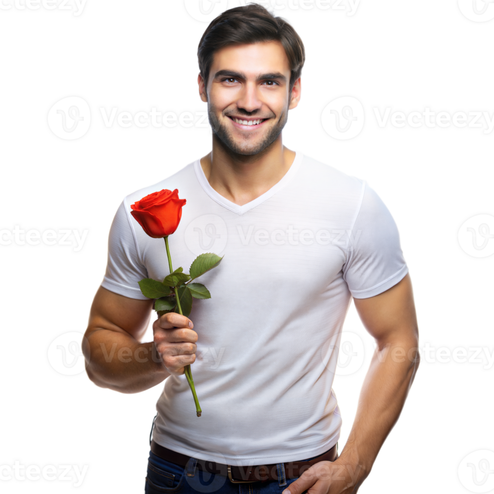 sorridente jovem homem segurando uma vermelho rosa contra uma transparente fundo png