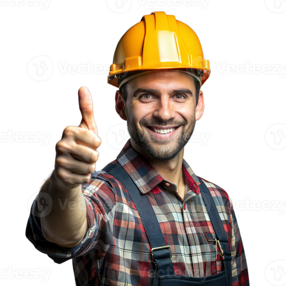 sonriente construcción trabajador vistiendo amarillo difícil sombrero dando pulgares arriba en transparente antecedentes png