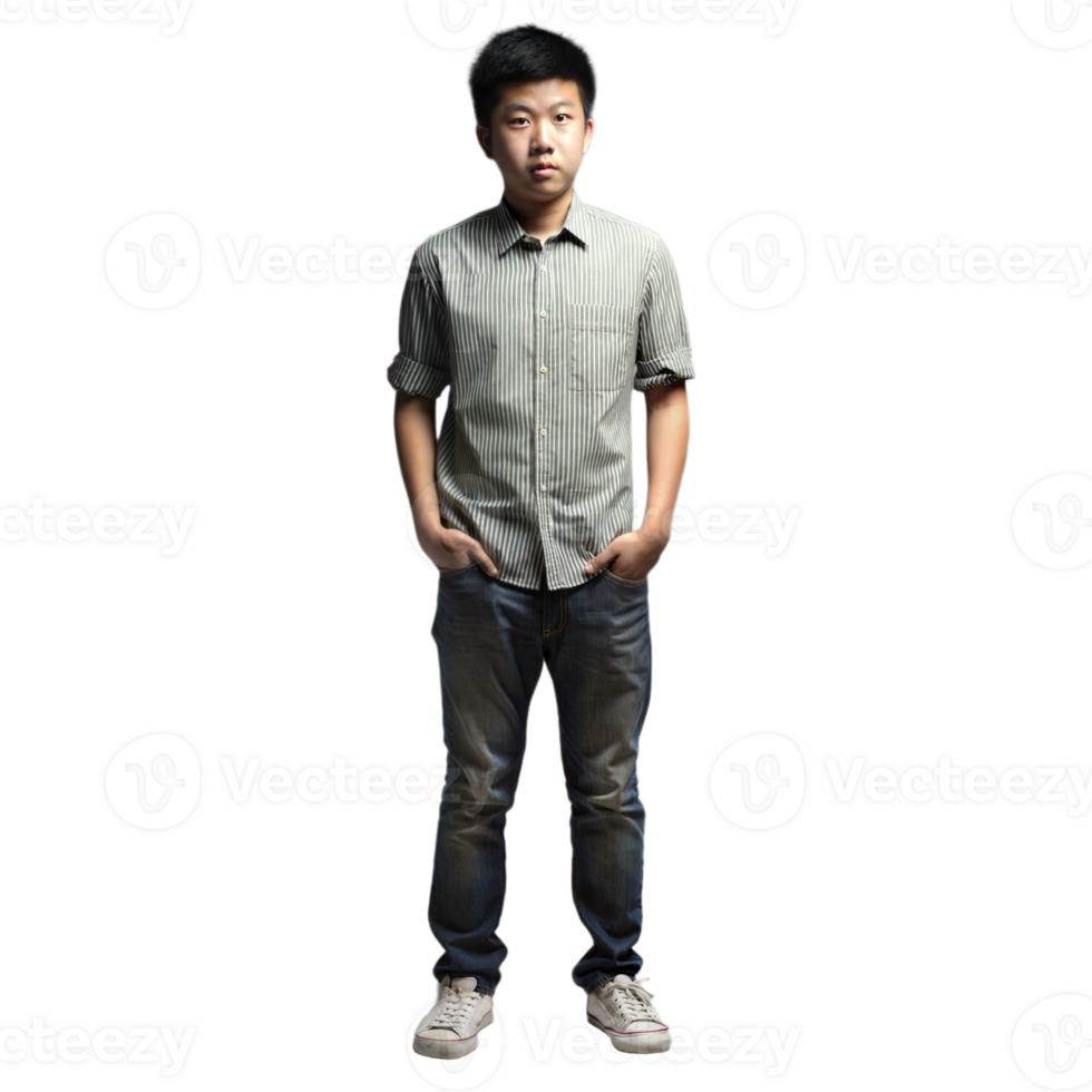 Young Man Standing Relaxed with Hands in Pockets in Striped Shirt and Jeans on Transparent Background png