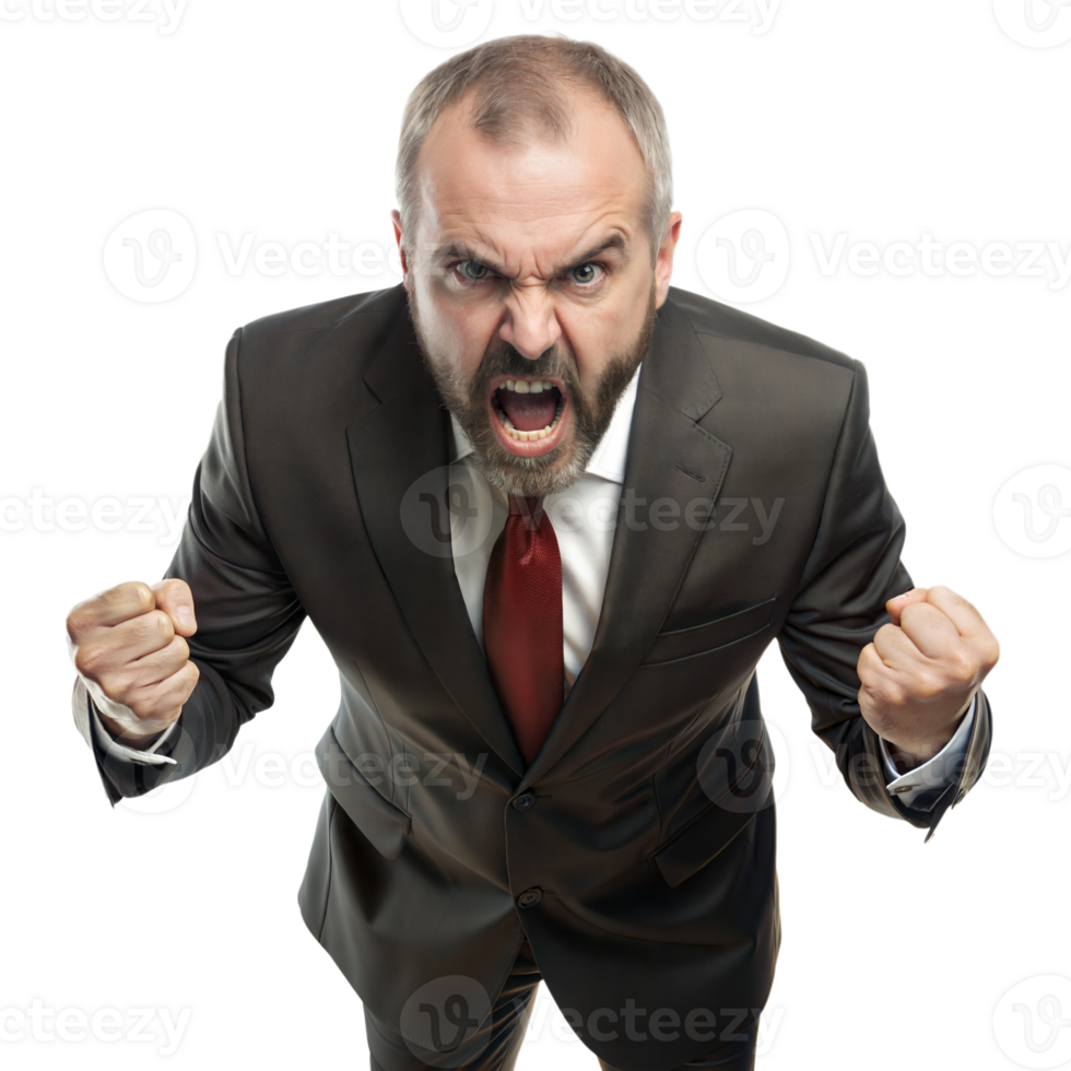 Angry Businessman in Suit Clenches Fists in a Frustrated Pose Against Transparent Background png