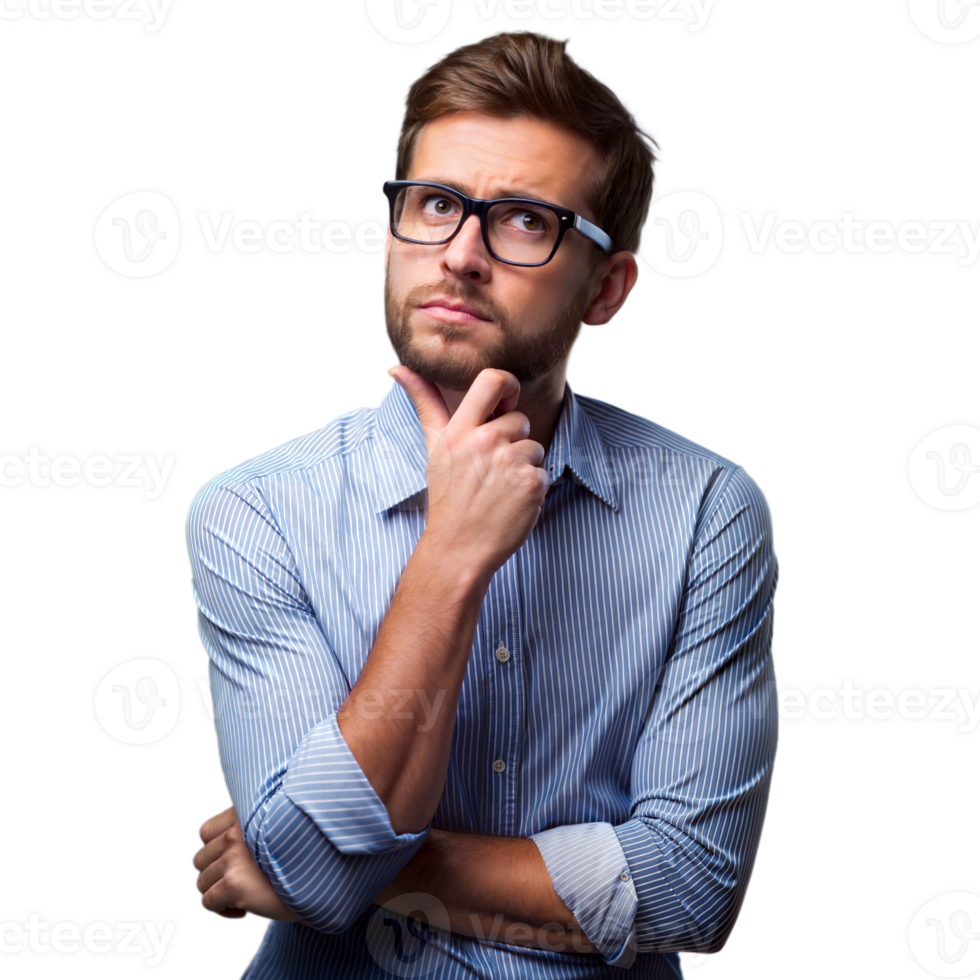 Pensive Man in Glasses With Transparent Background Holding Chin in Thought png