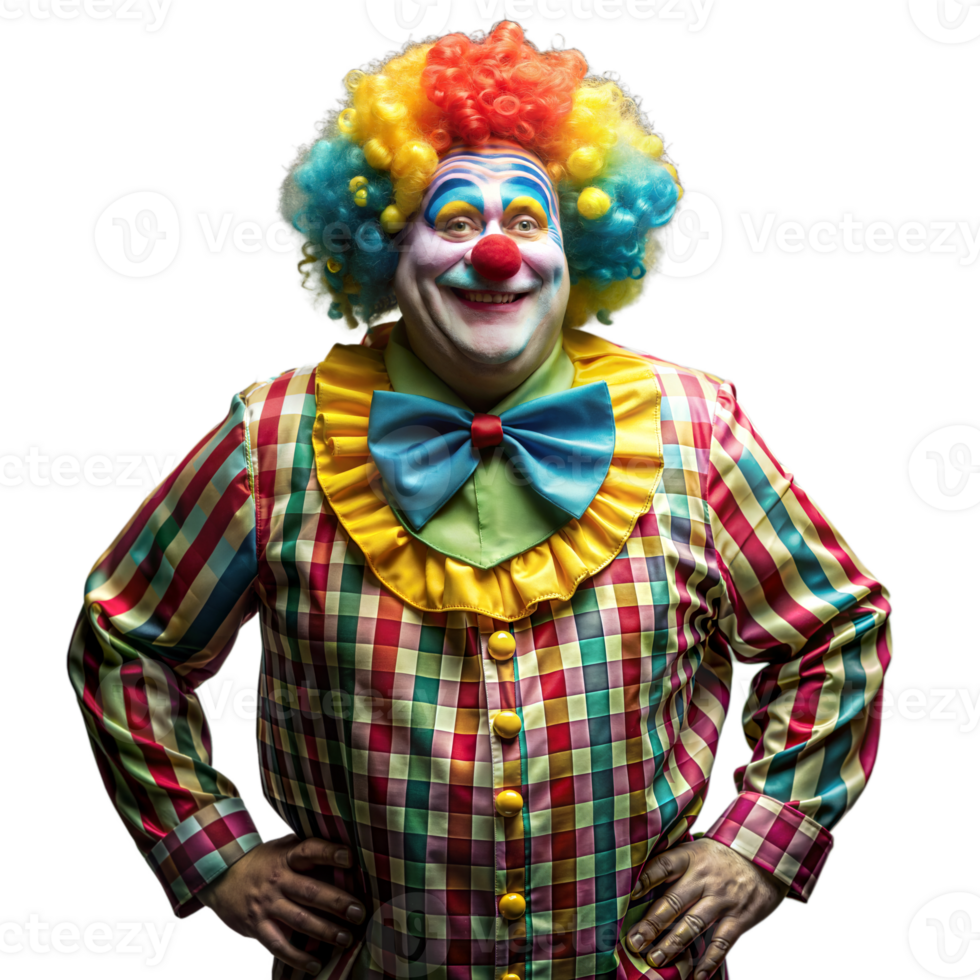 Colorfully Dressed Clown With Rainbow Wig Smiling Against a Transparent Background png