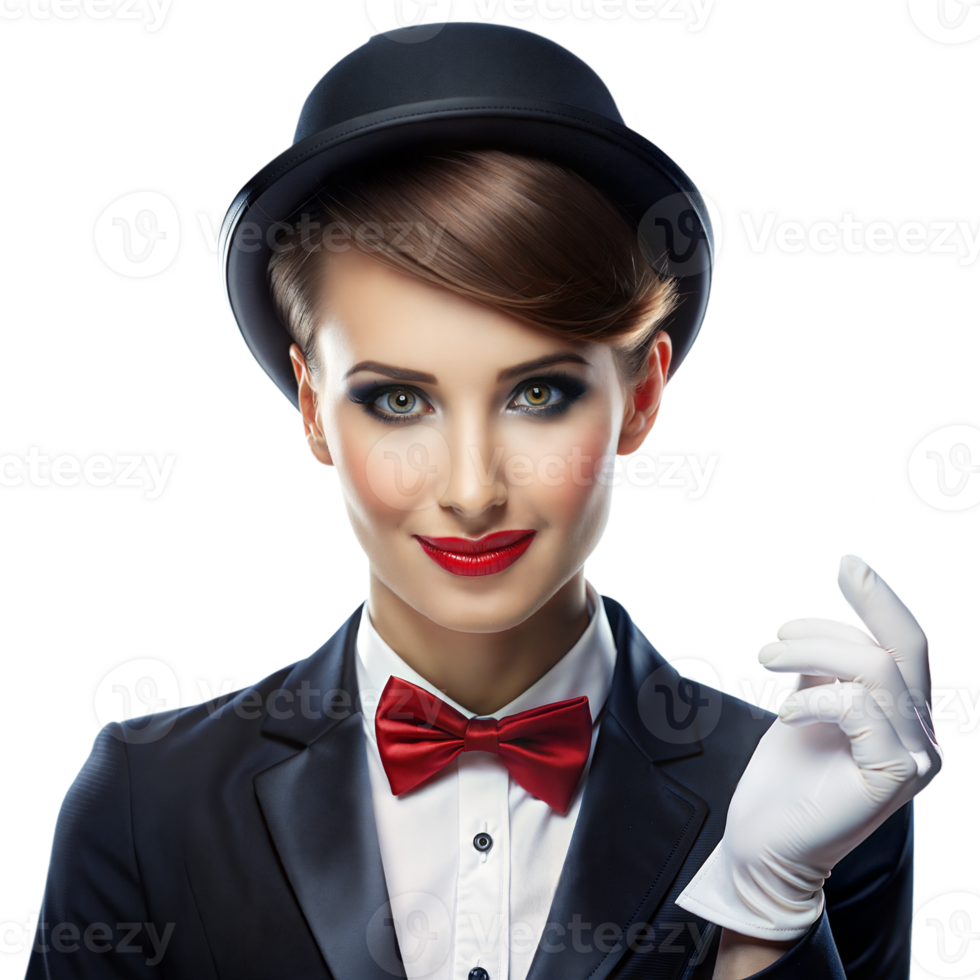 Elegant Woman in Tuxedo and Top Hat Posing With White Glove on Transparent Background png