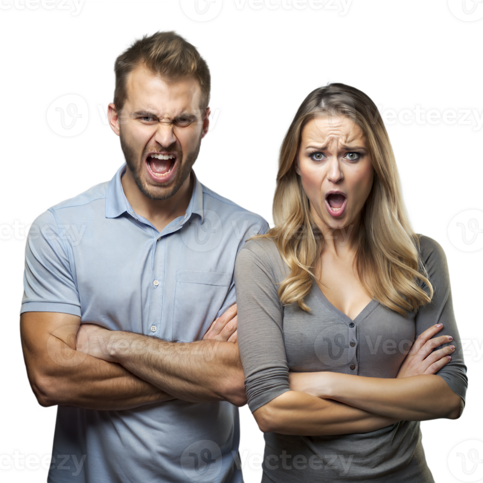 Two Adults Expressing Shock and Disbelief With Arms Crossed Against a Transparent Background png