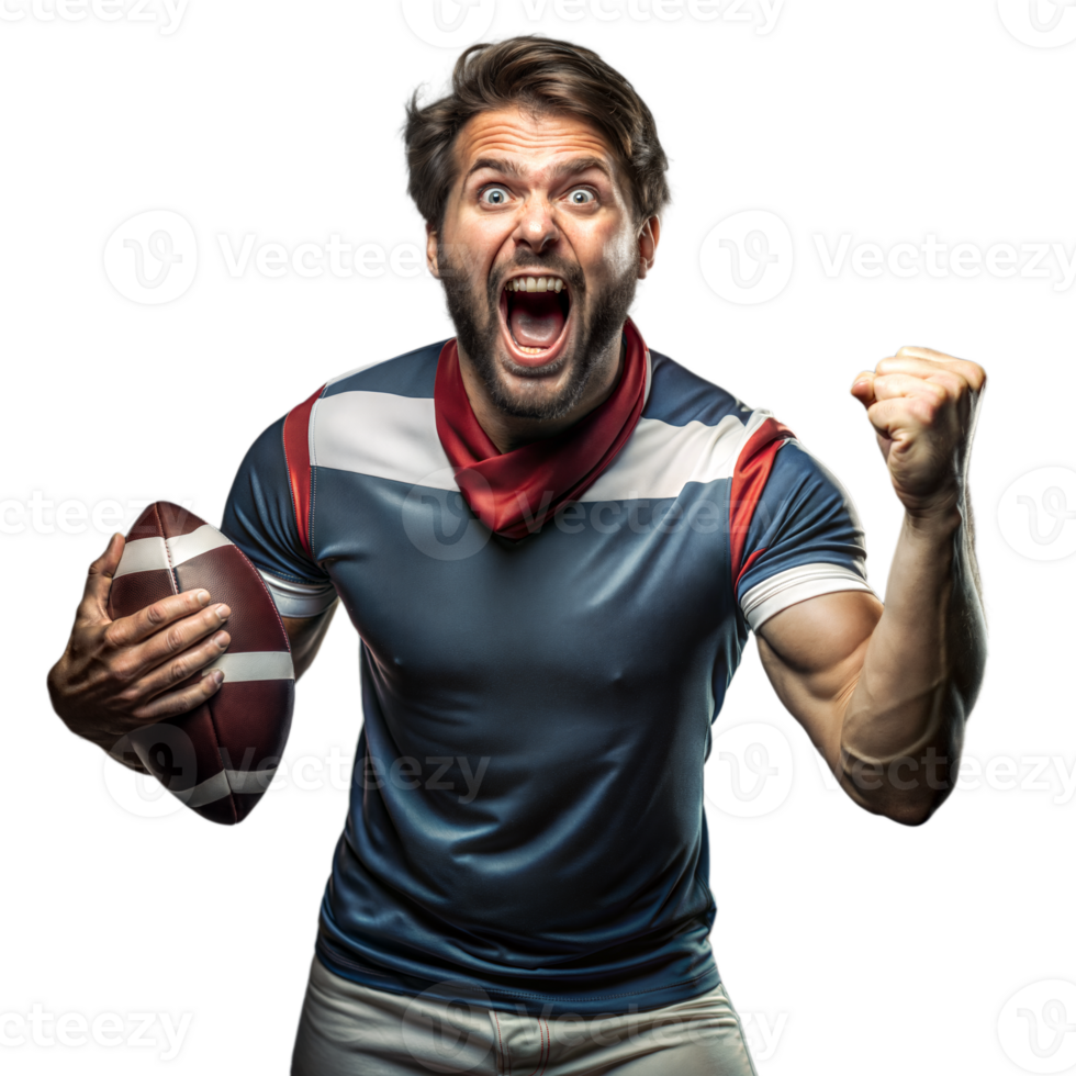 Excited Football Fan in Jersey Celebrating a Victory Energetically Against a Transparent Background png