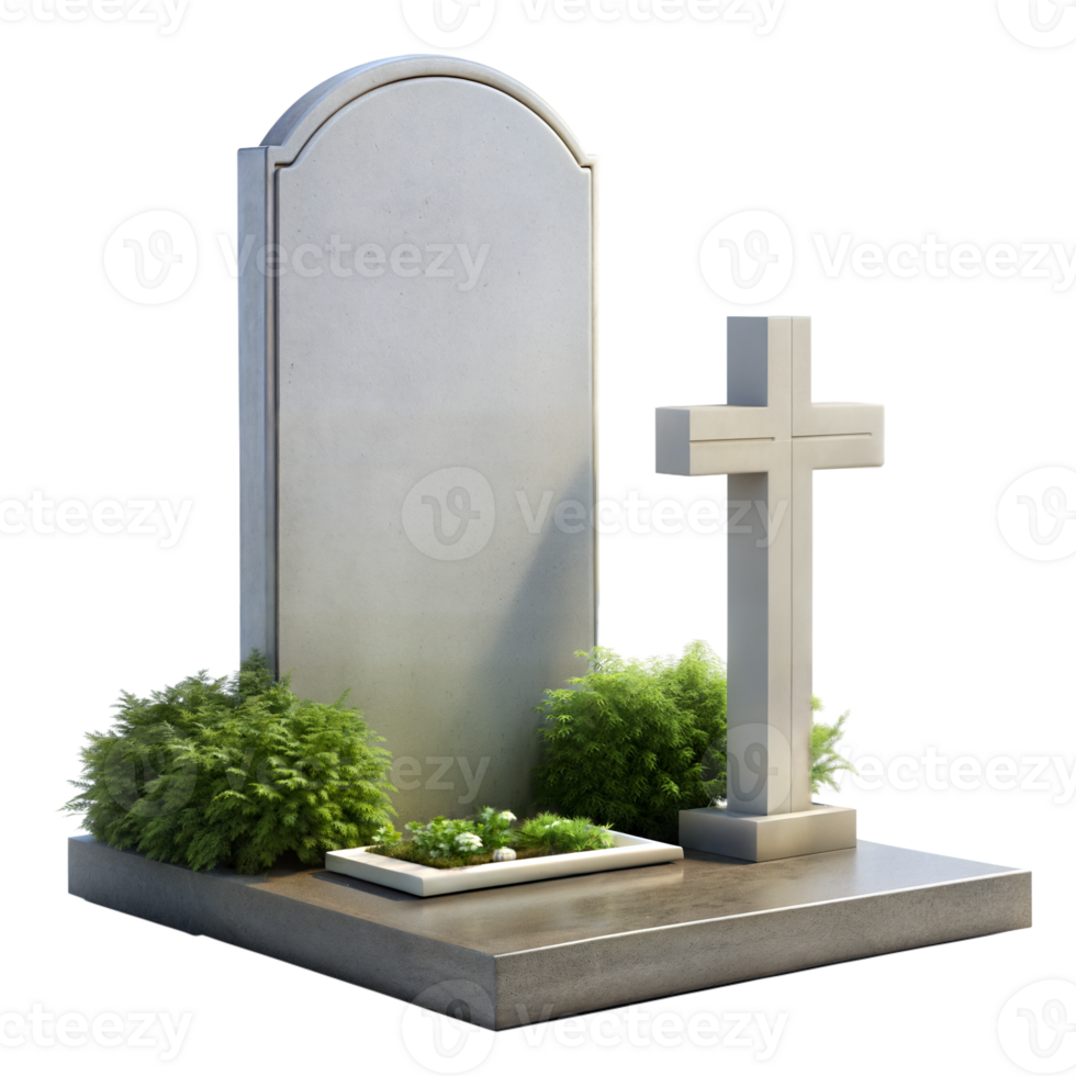 Elegant Tombstone and Cross Monument With Lush Greenery on a Transparent Background png