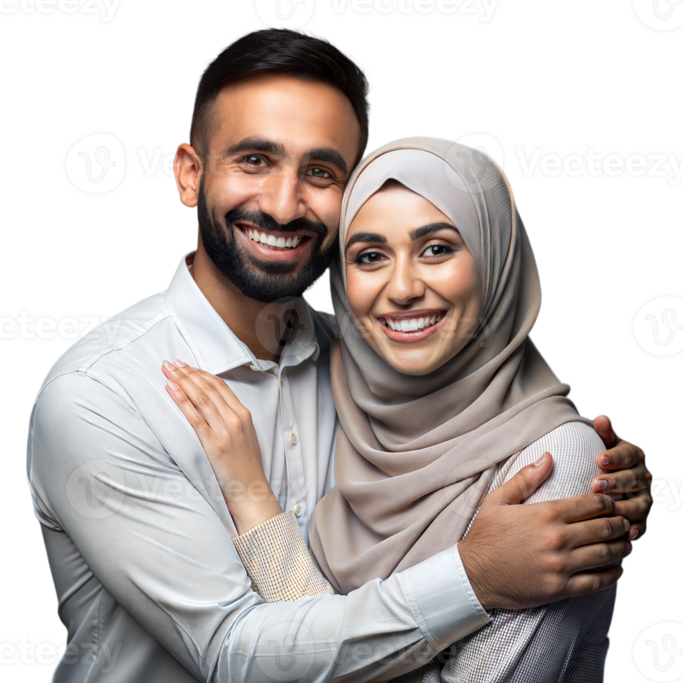 sorridente casal abraçando firmemente, homem e mulher dentro casual traje, estúdio tiro com transparente fundo png