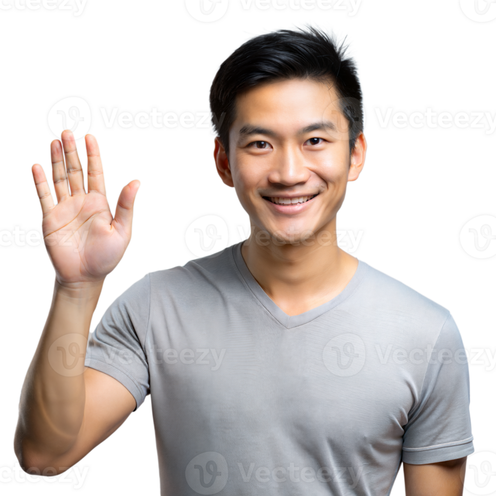 Smiling Young Man in Grey T-Shirt Waving Hello With Transparent Background png