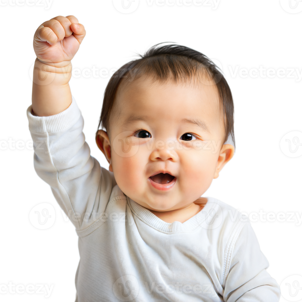 Cheerful Baby Raising Hand High on a Transparent Background png