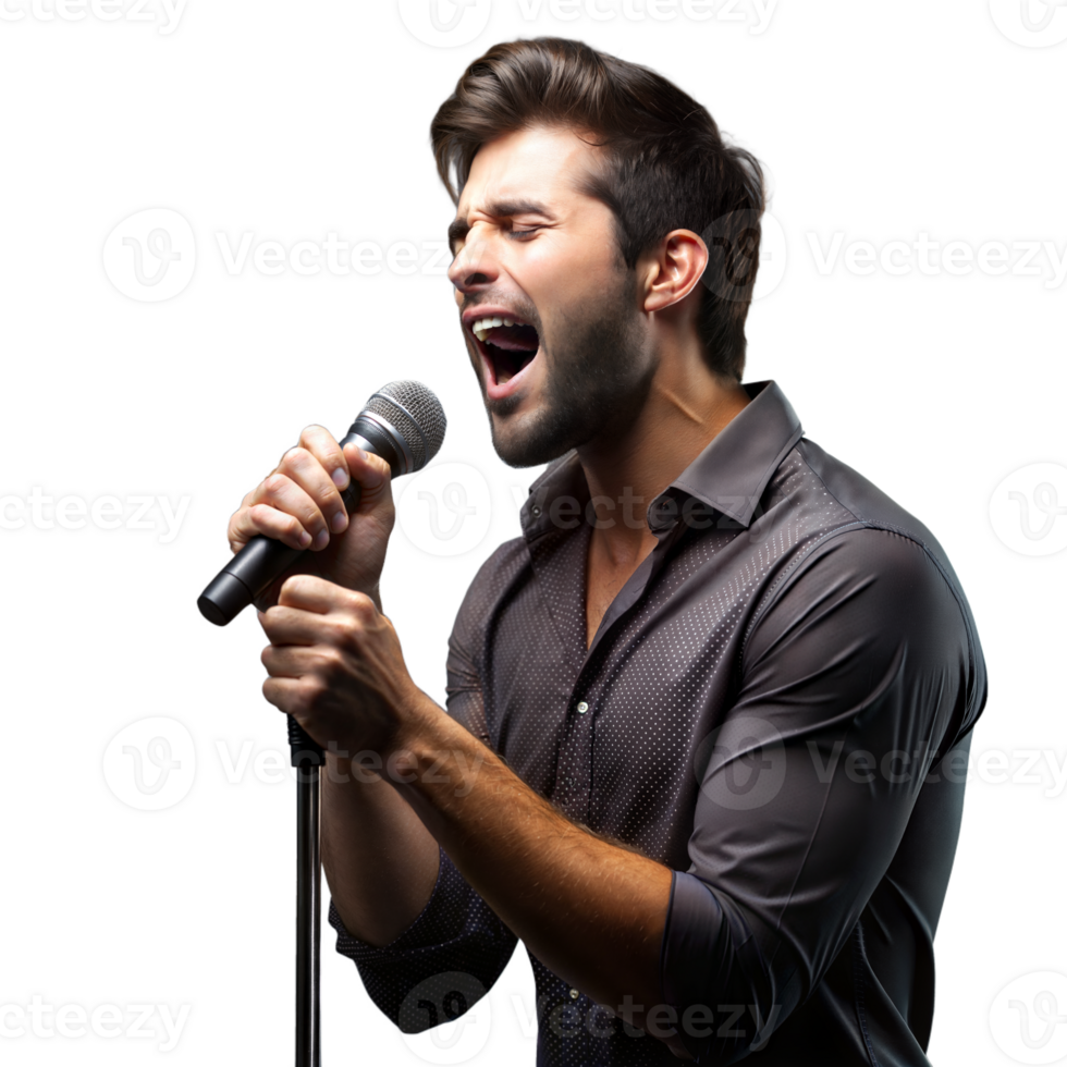 apasionado masculino vocalista ejecutando solo en un estudio ajuste en transparente antecedentes png