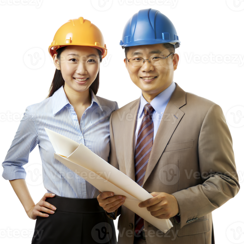 Professional Engineers in Helmets Examining a Building Plan Together on a Transparent Background png