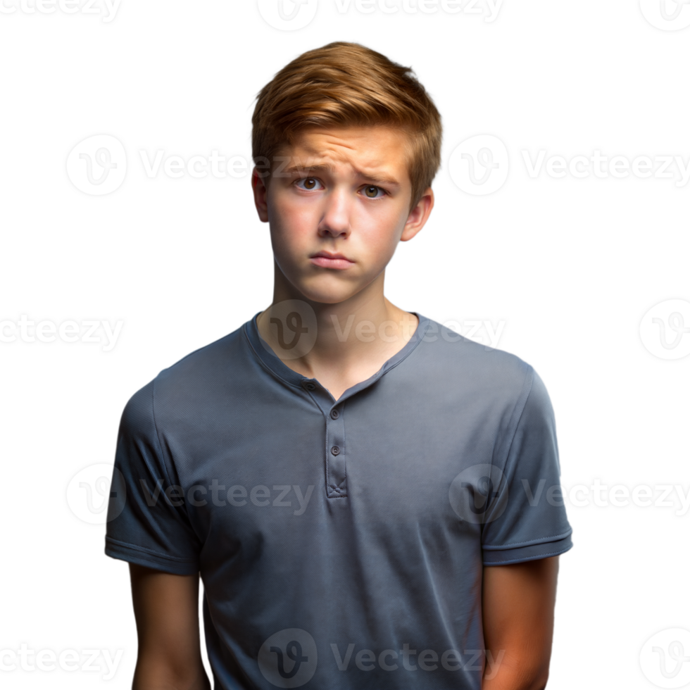 Young Boy With Pensive Expression Wearing Grey Shirt Against Transparent Background png