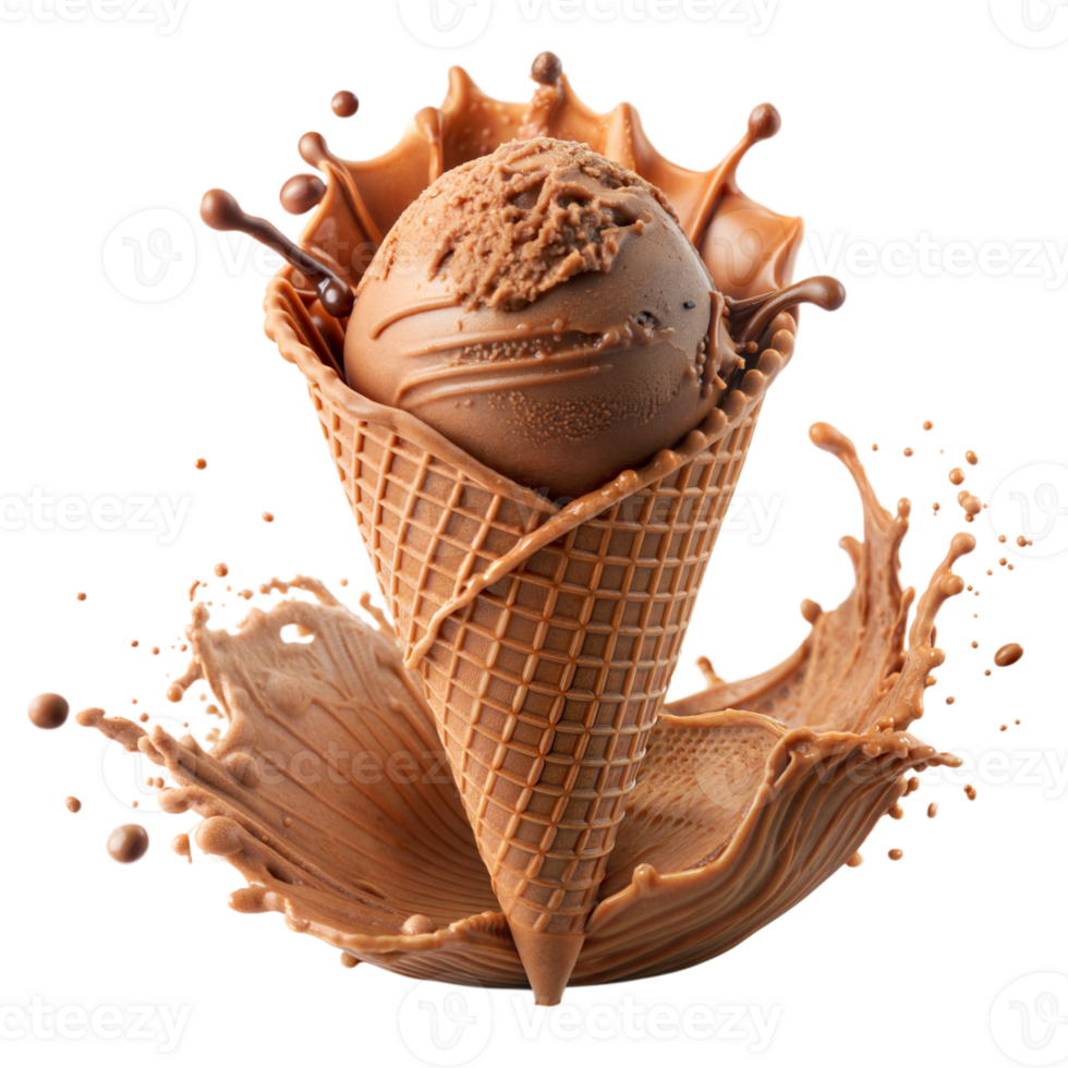 Chocolate Ice Cream Cone With Dynamic Splash Against Transparent Background png
