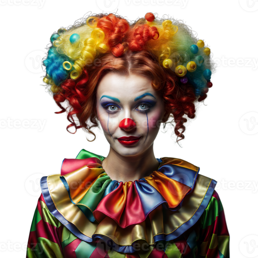 Colorful Clown With Vibrant Curly Wig and Painted Face Poses Against a Transparent Background png