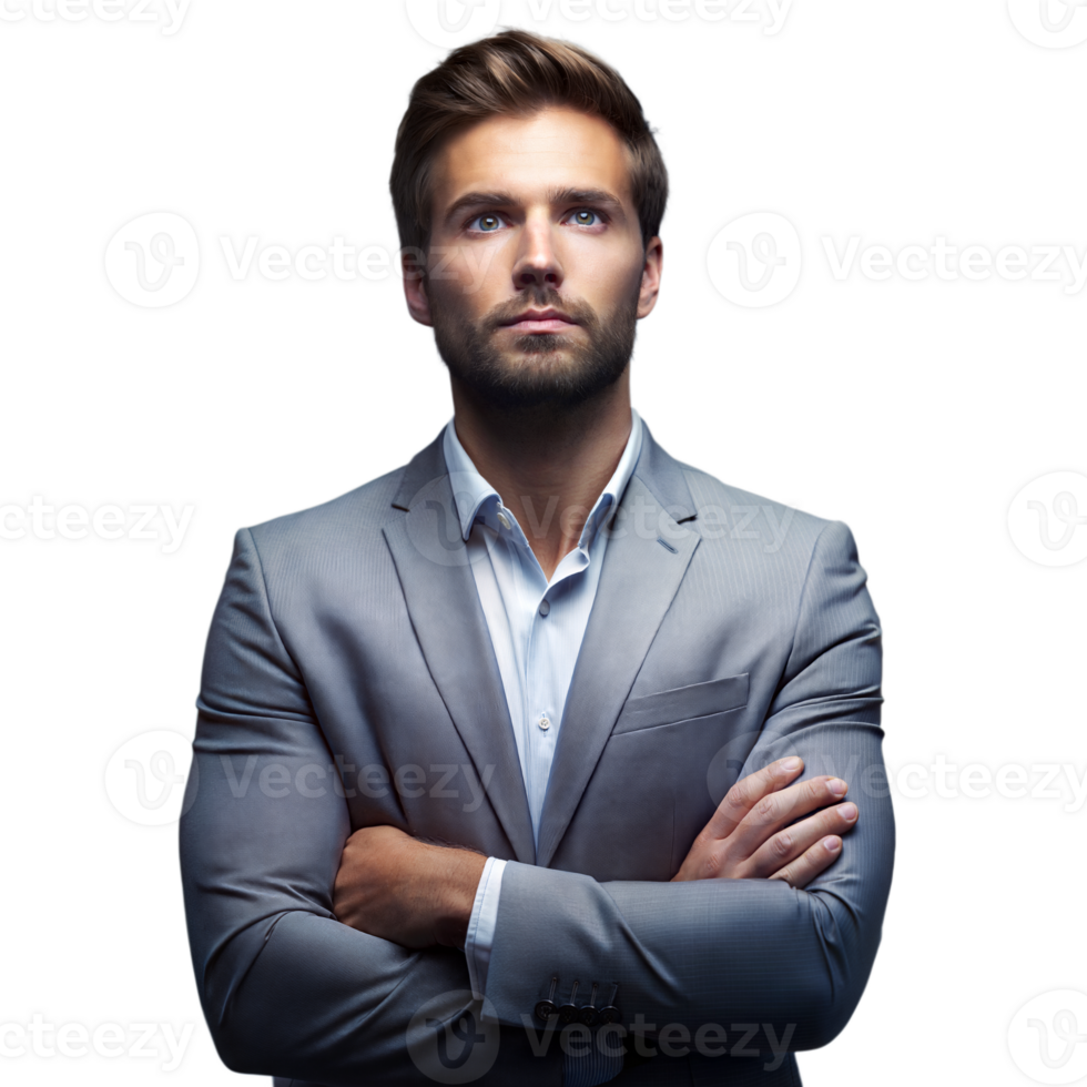 confiante homem de negocios dentro cinzento terno em transparente fundo em pé com braços cruzado olhando acima png