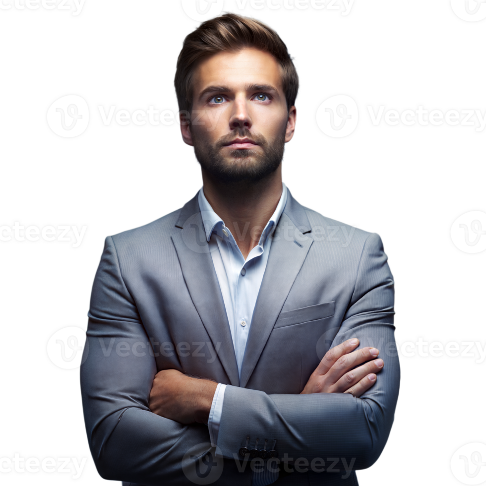 Confident Businessman in Gray Suit on Transparent Background Standing with Arms Crossed Looking Up png