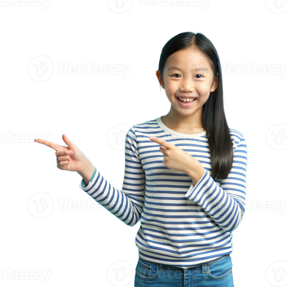 Young Girl Smiling and Pointing to the Side, Standing Against a Transparent Background png