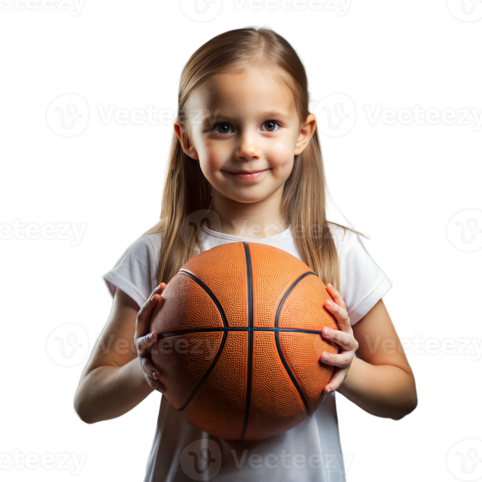jovem menina segurando uma basquetebol com uma confiante sorrir em uma transparente fundo png