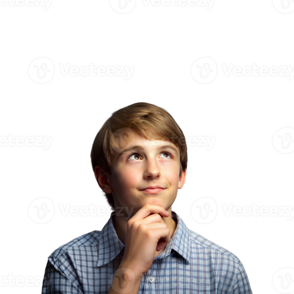 Young Boy in a Blue Checkered Shirt Deep in Thought Looking Upward png