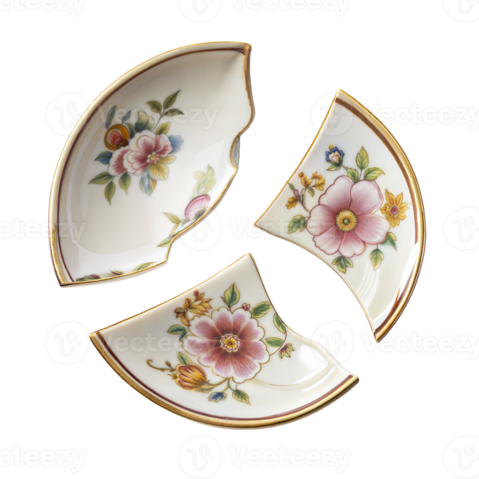 Elegant Porcelain Dishes With Floral Design Suspended Mid-Air Against Transparent Background png