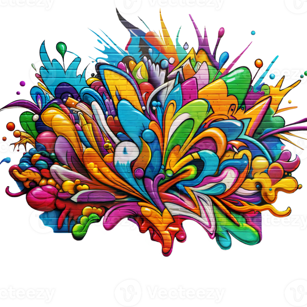 kleurrijk graffiti artwork met abstract vormen en spatten Aan een transparant achtergrond png