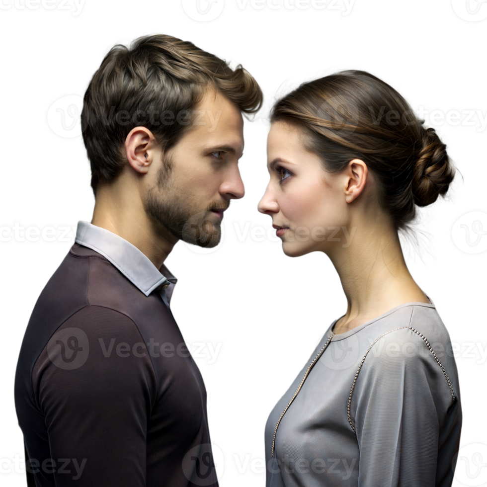 Man and Woman Standing Face to Face on Transparent Background in Studio Lighting png