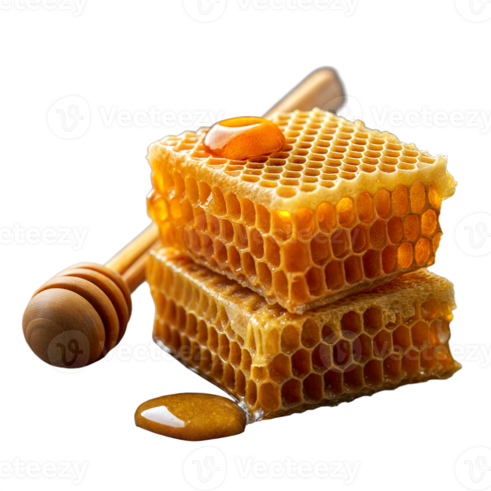 Stacked Honeycomb Pieces With Wooden Dipper and Honey Droplets on Transparent Background png