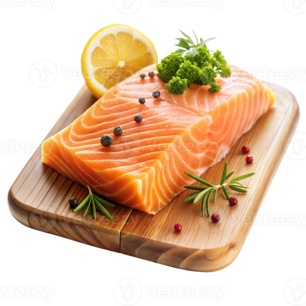 Fresh Salmon Fillet on Wooden Cutting Board with Lemon and Herbs on Transparent Background png