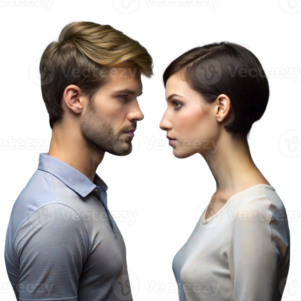 Profile View of a Young Man and Woman Standing face to face png