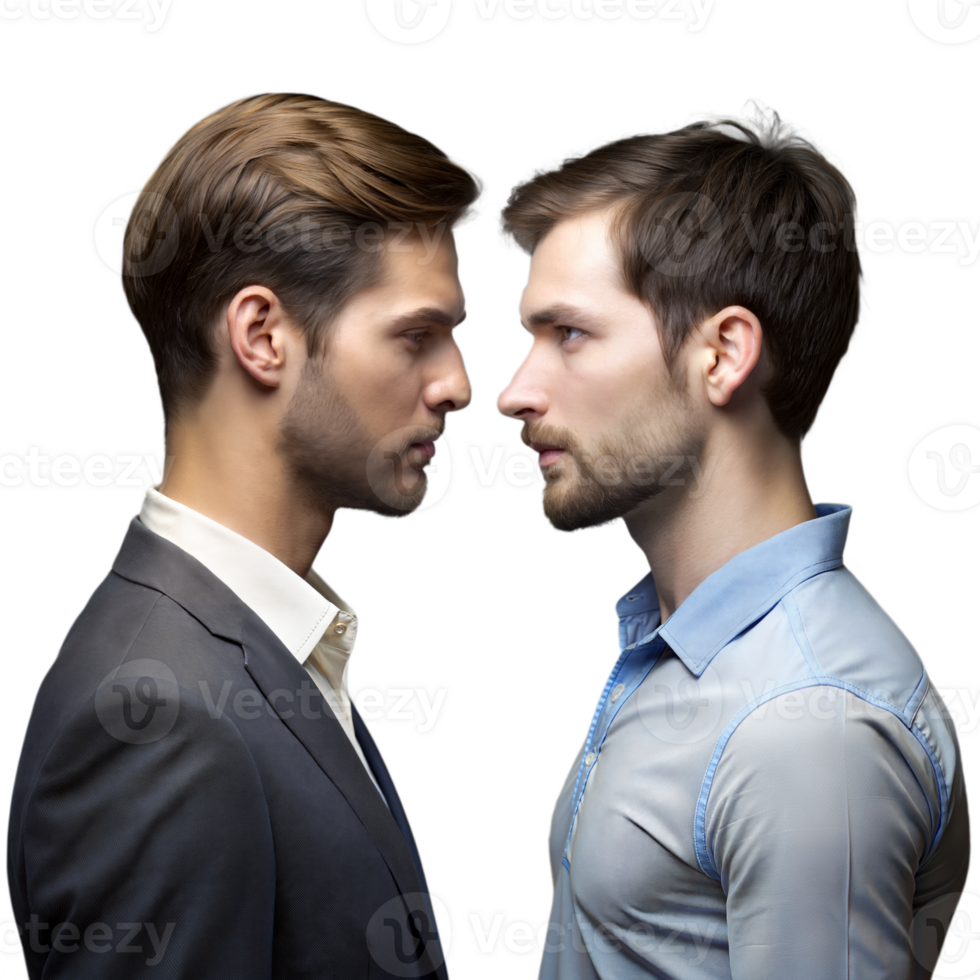 Two Men in Business Attire Facing Each Other in a Tense Standoff png