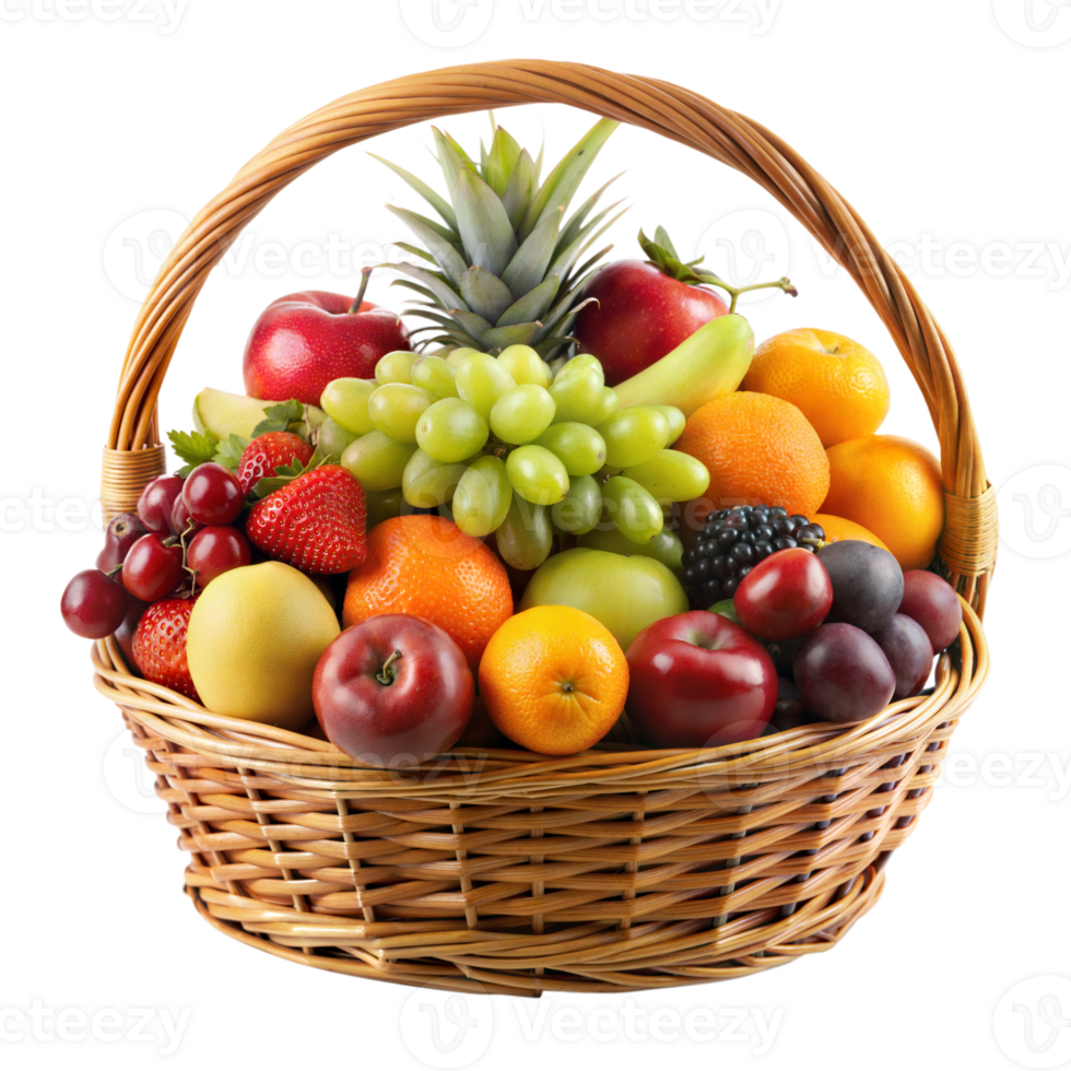 Wicker Basket Filled With Assorted Fresh Fruits on a Transparent Background png