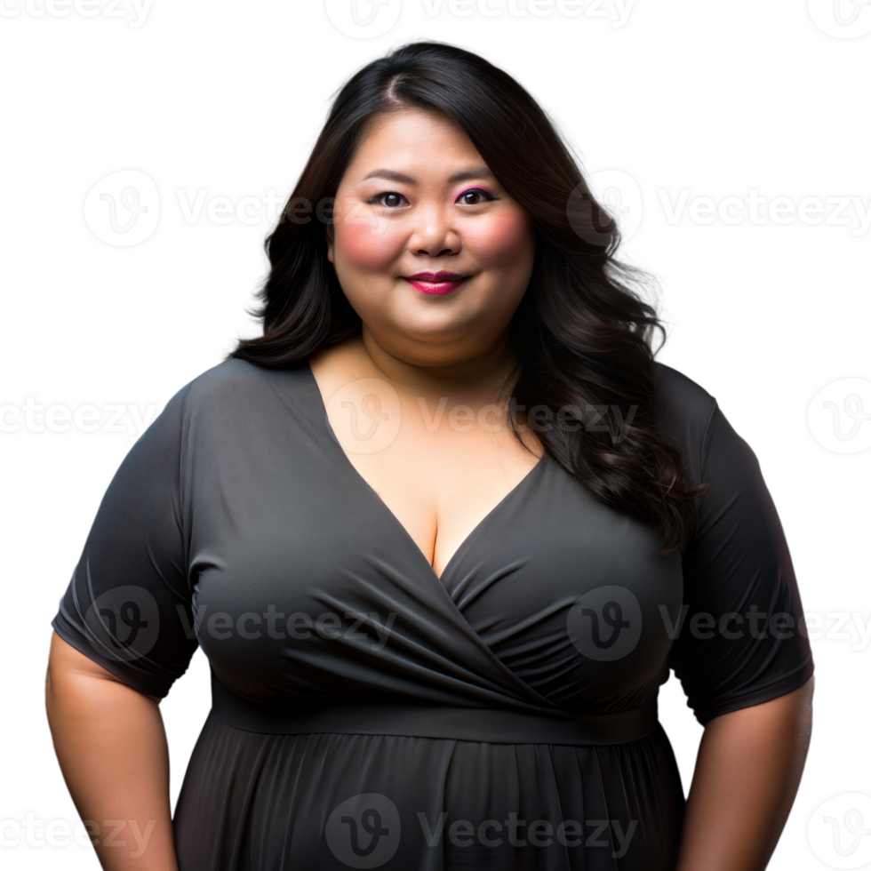 sur de soi grande taille asiatique femme posant dans une noir robe sur une transparent Contexte png