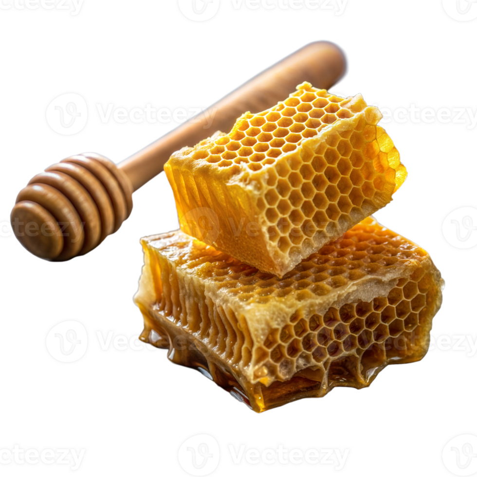 Nahansicht von golden Bienenwabe und hölzern Schöpflöffel auf transparent Hintergrund png