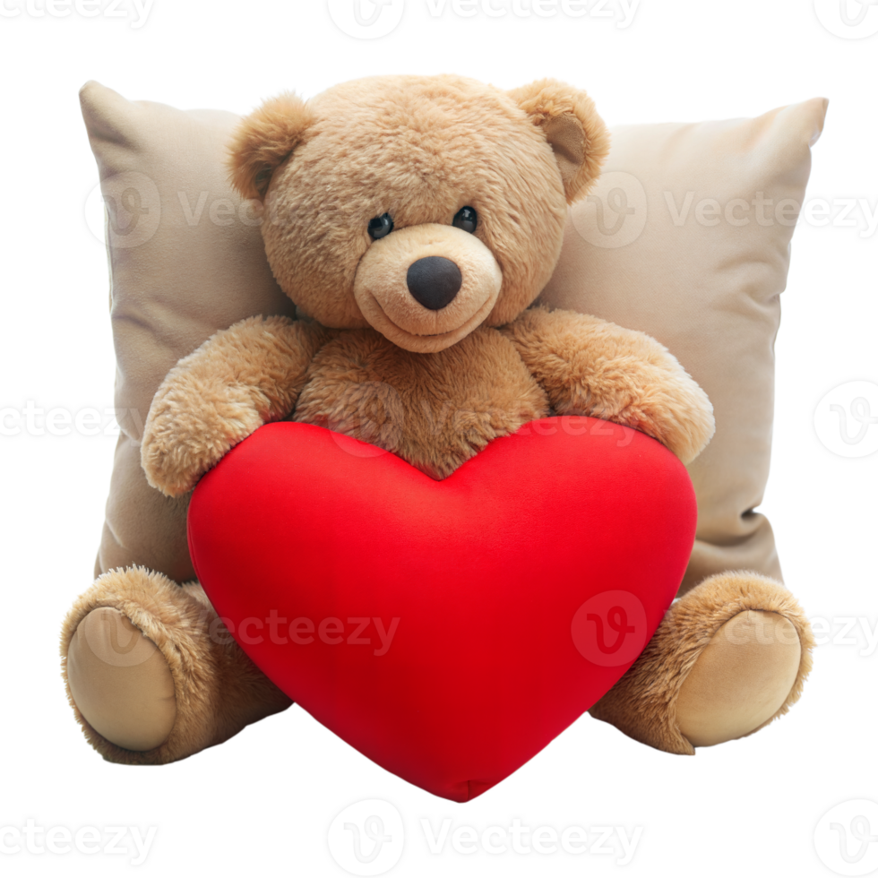 Plush Teddy Bear Holding a Bright Red Heart Cushion Against a Transparent Background png