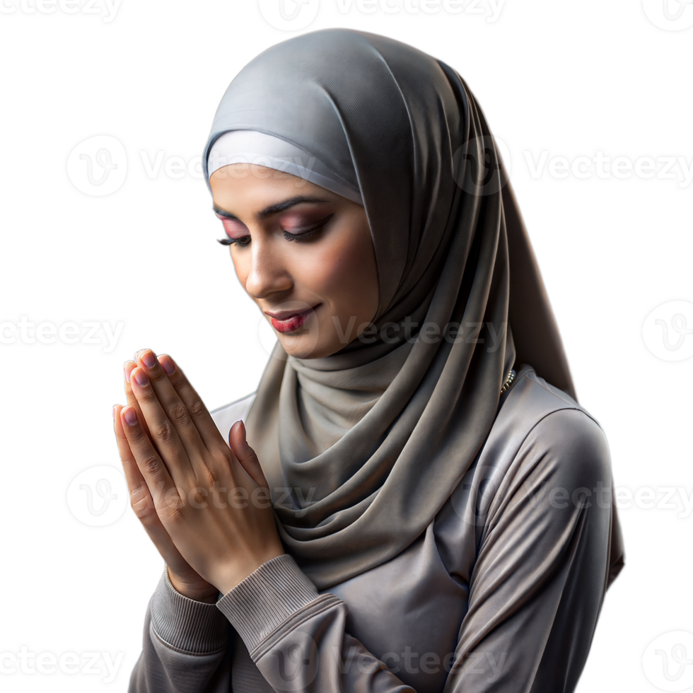 jong moslim vrouw in hijab bidden vredig met handen samen png