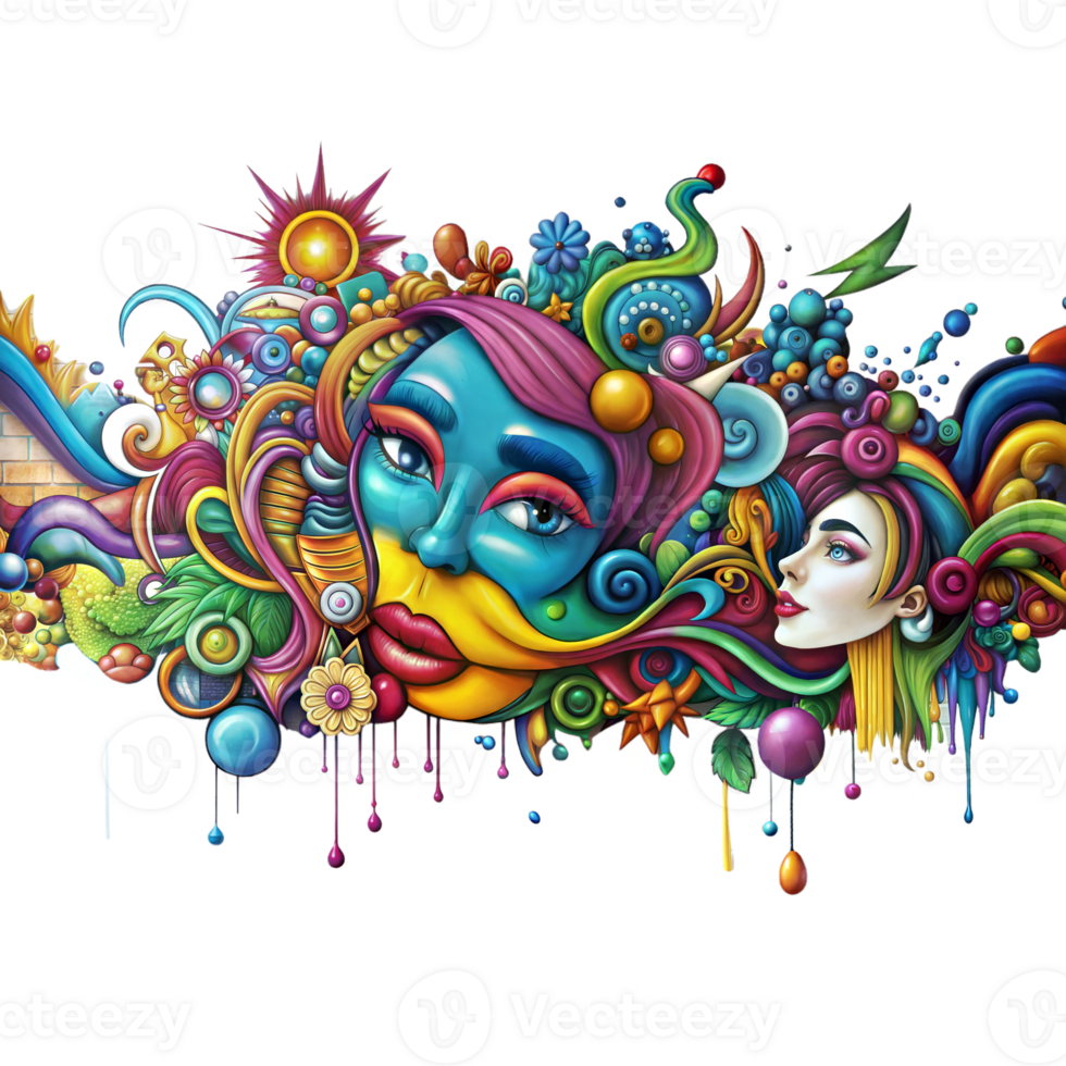 Colorful Graffiti Painting with Abstract Faces and Interesting Elements on Transparent Background png