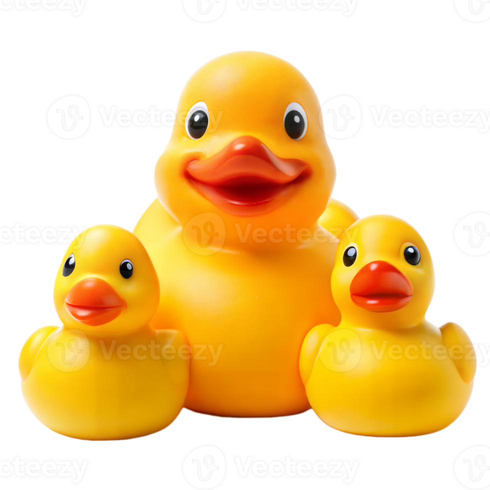 Three Bright Yellow Rubber Ducks Arranged Together in a Studio Setting png