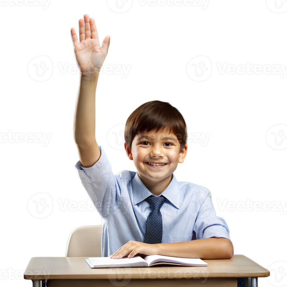 Smiling Young Boy Raising Hand Eagerly in Classroom Setting During School Hours png