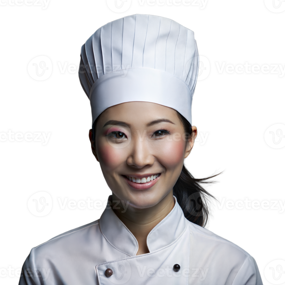 Smiling Female Chef in White Uniform and Hat on Transparent Background png