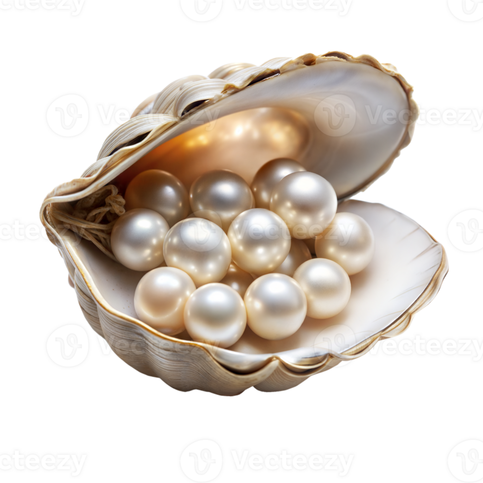 Open Oyster Shell Revealing a Cluster of Luxurious Pearls Inside png