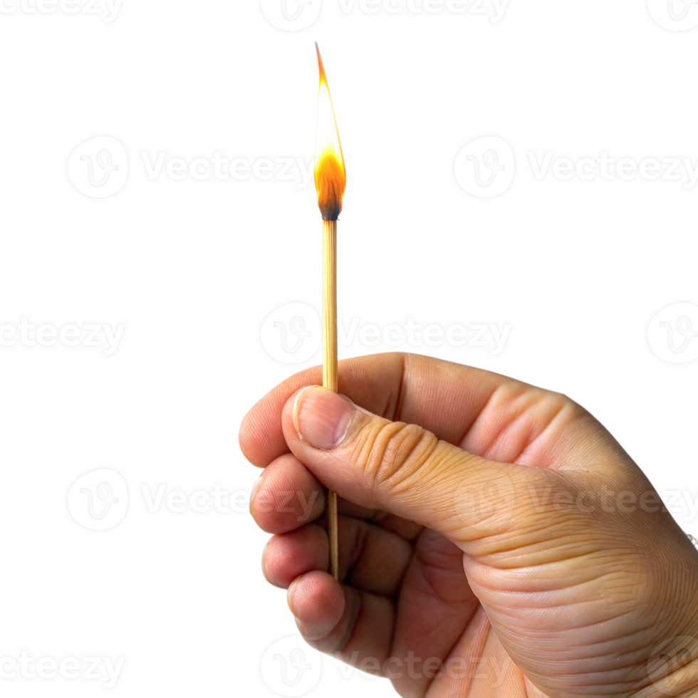 Hand Holding a Burning Matchstick Against a Transparent Background png