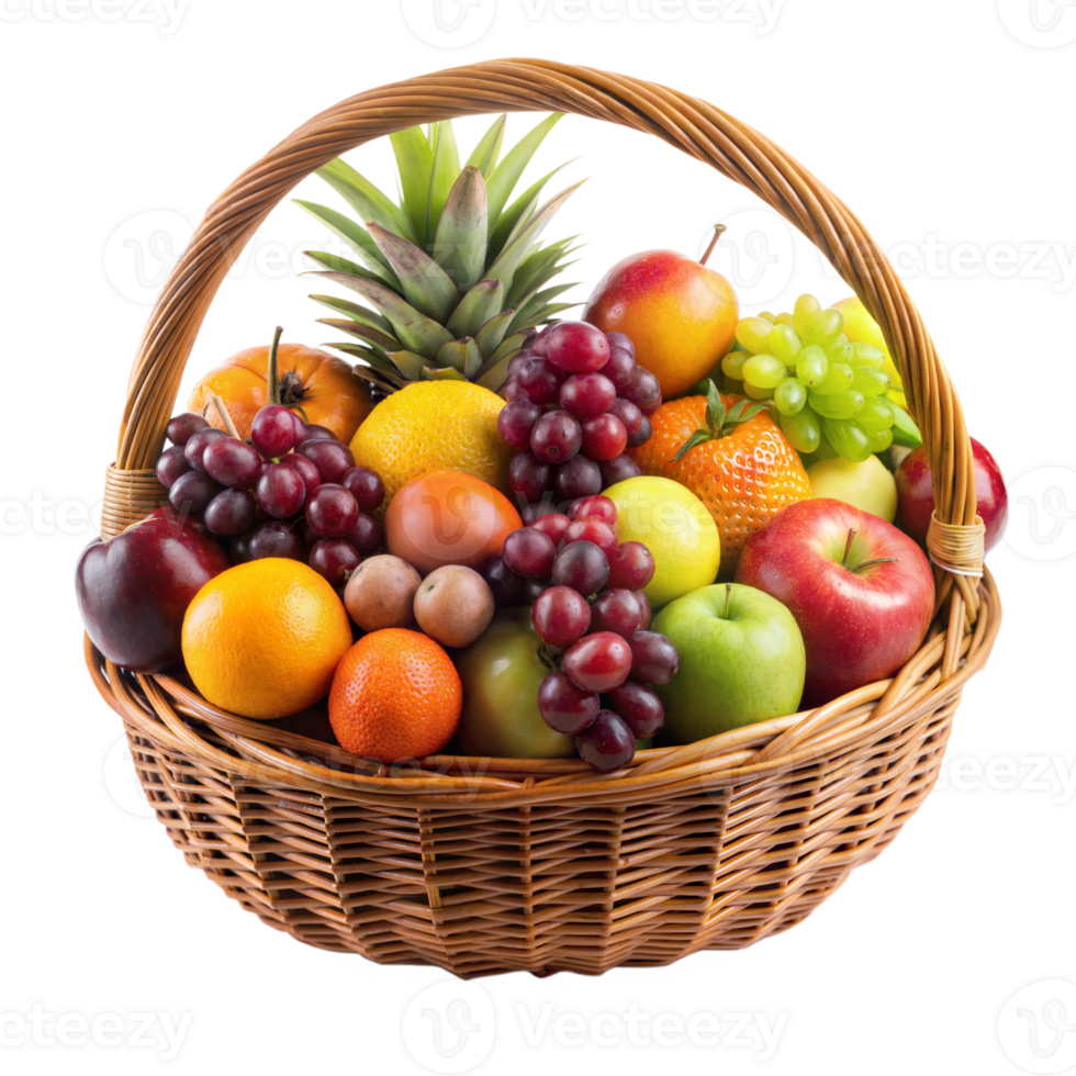 Assorted Fresh Fruits in a Wicker Basket With a Transparent Background png