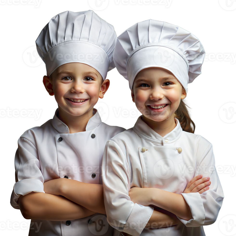 twee glimlachen jong koks in wit uniformen poseren voor culinaire klasse portret png