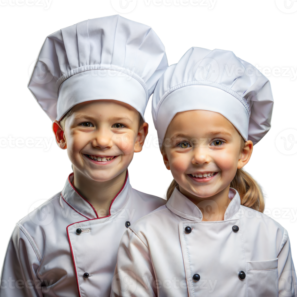 två leende ung barn klädd som kockar med vit hattar och uniformer png